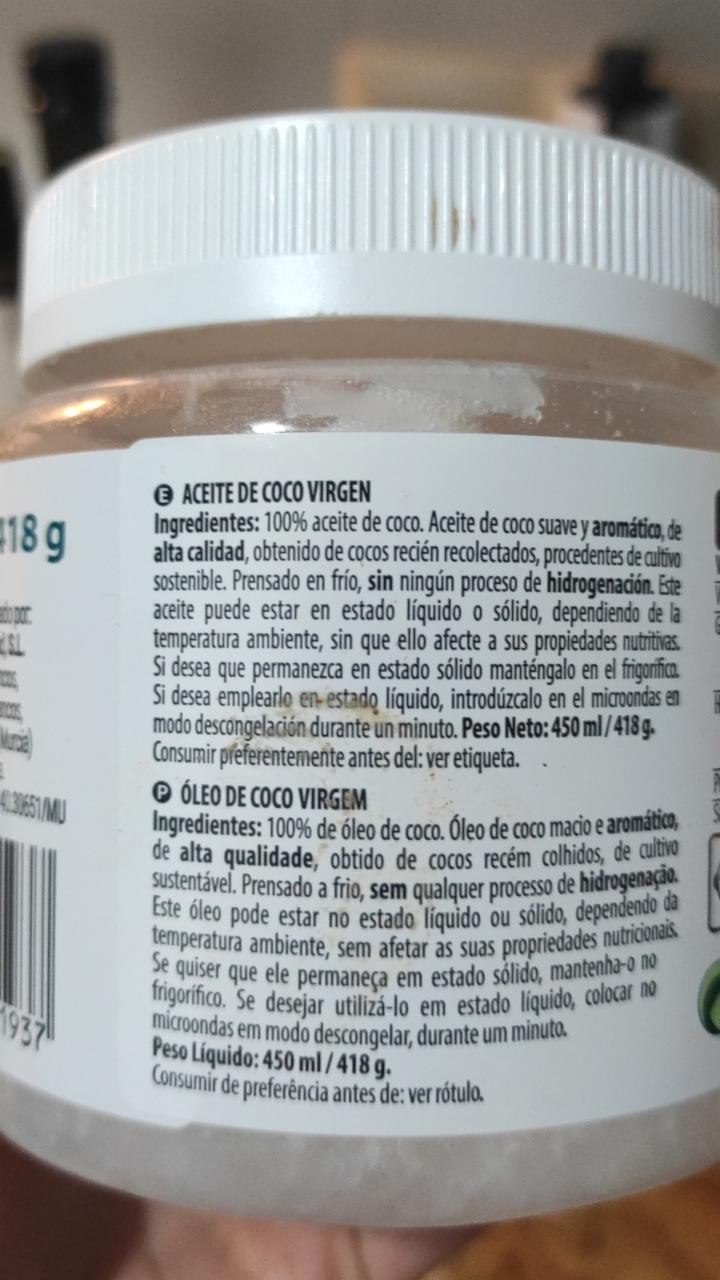 Масло кокосовое Aceite Oleo coco Virgen Hacendado калорийность