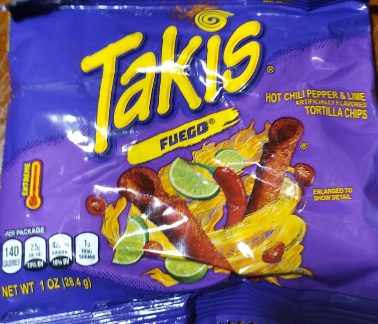 Фото - Tortilla chips hot chili pepper&lime flavored artificialy flavored Fuego Takis