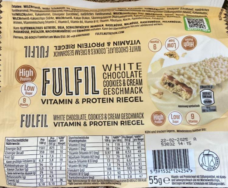 Фото - White chocolate cookies & cream geschmack vitamin & protein riegel Fulfil