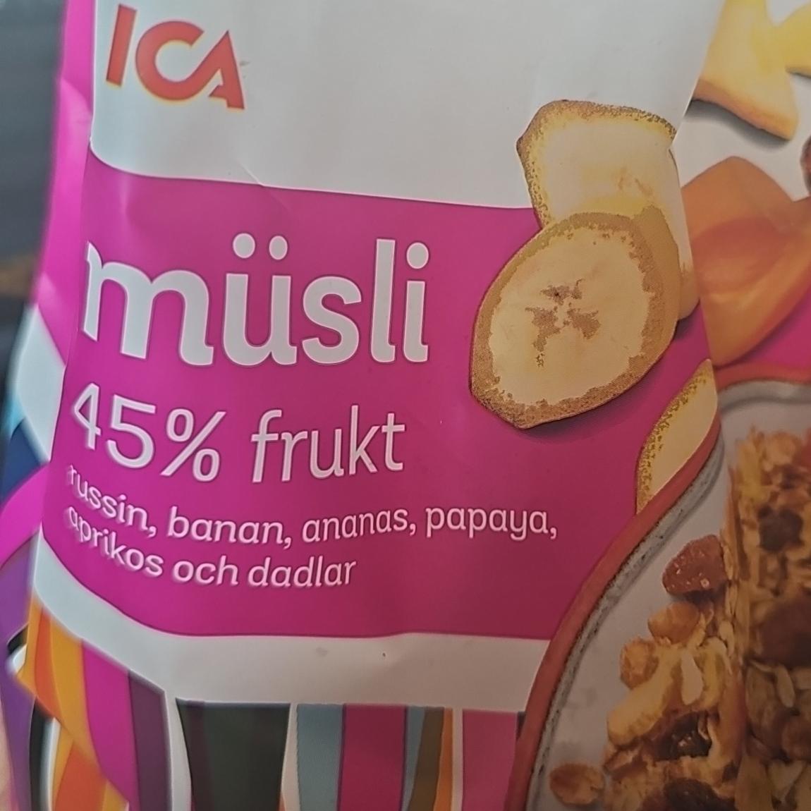 Фото - Müsli 45% frukt ussin, banan, ananas, papaya, aprikos och dadlar ICA