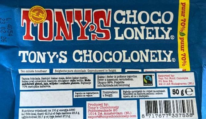 Фото - tony’s chocolonely pour 70% dark